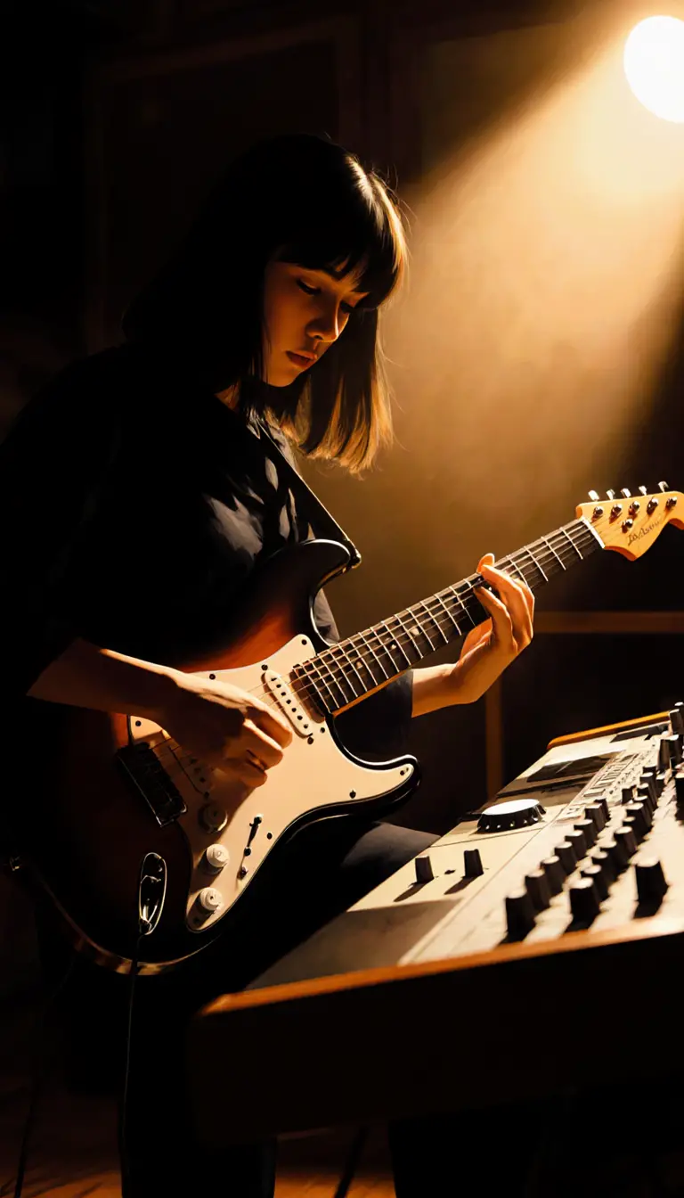 Young musician focused on guitar in dim studio light