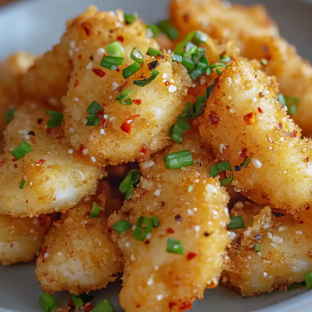 Crispy golden fried fish bites with scallions and chili