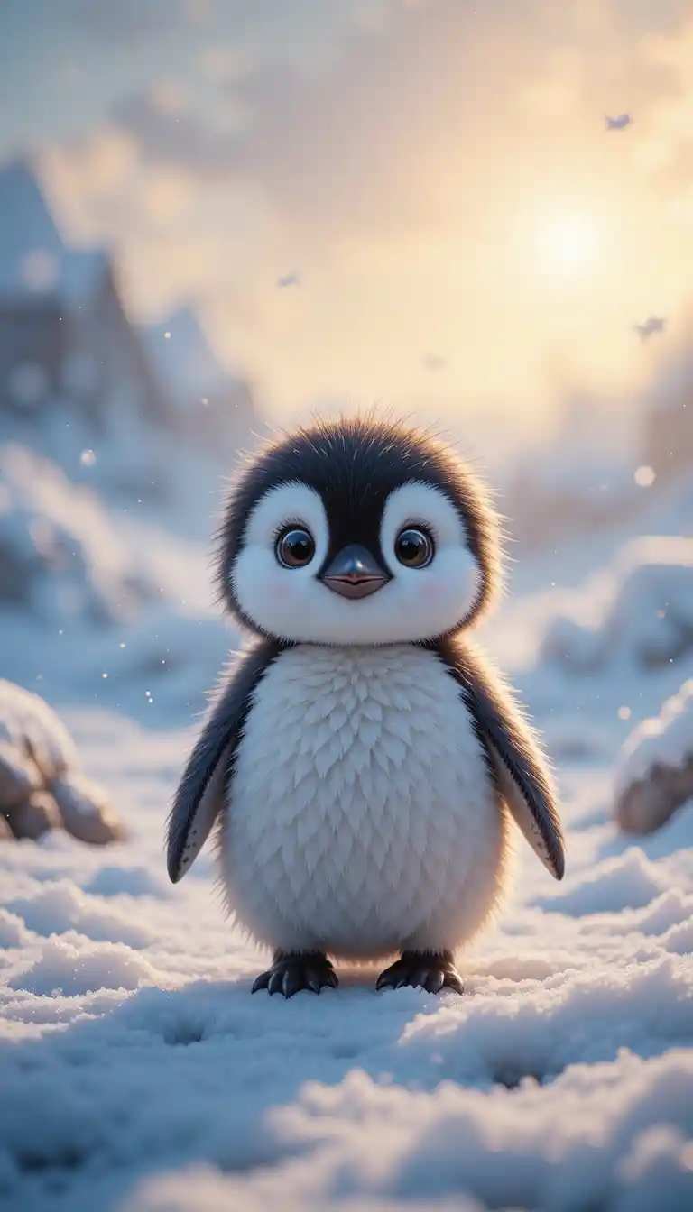 Cute baby penguin in a dreamy snowy landscape