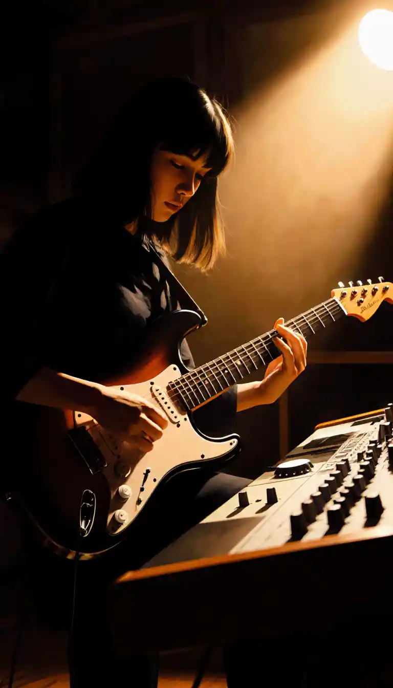 Young musician focused on guitar in dim studio light