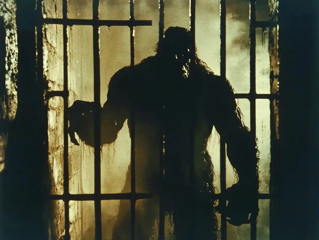 Grainy Vintage Dungeon Scene With Caged Shadowy Monster