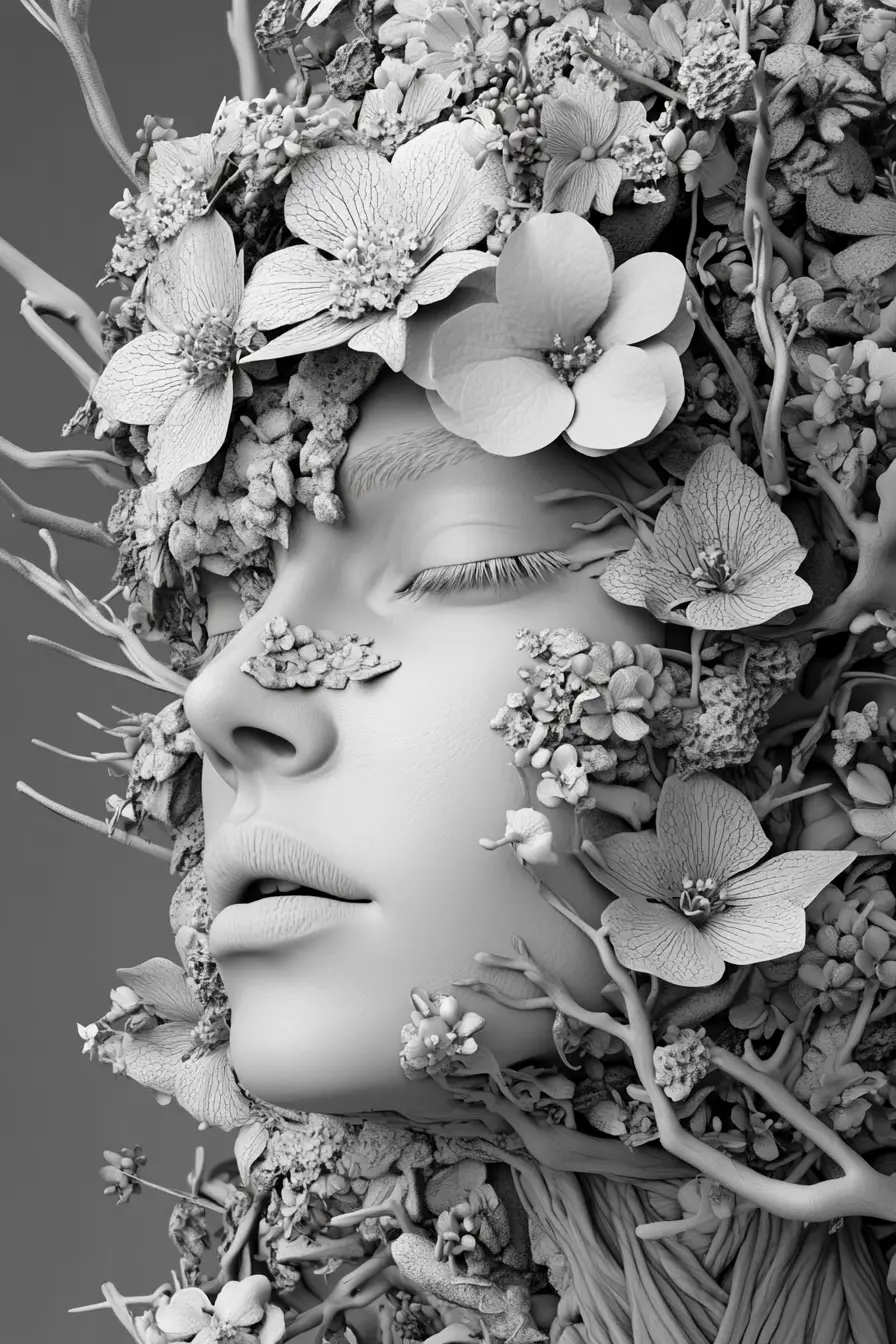 Surreal 3d woman intertwined with blooming floral branches