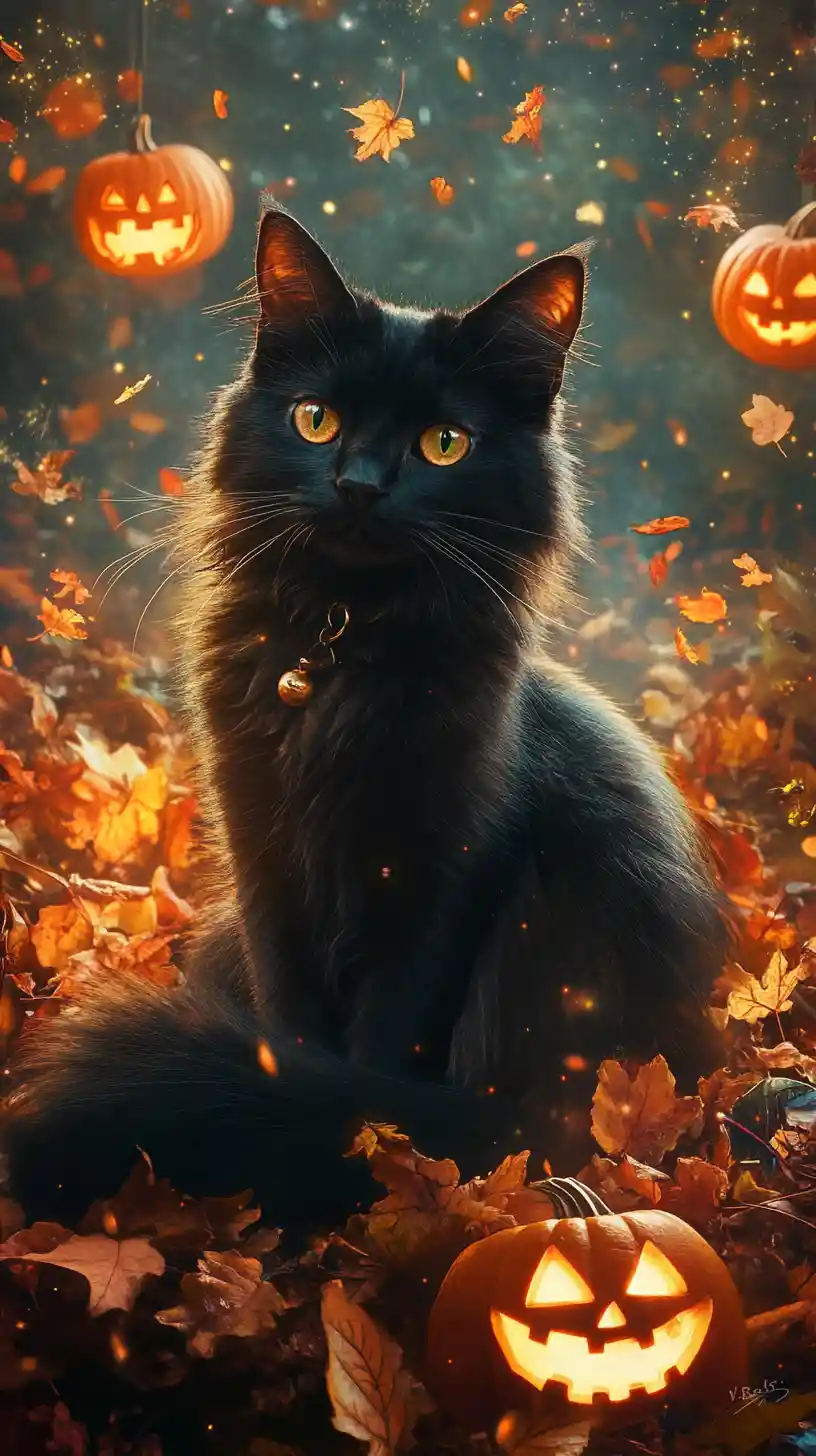 Black cat among autumn leaves with glowing pumpkins