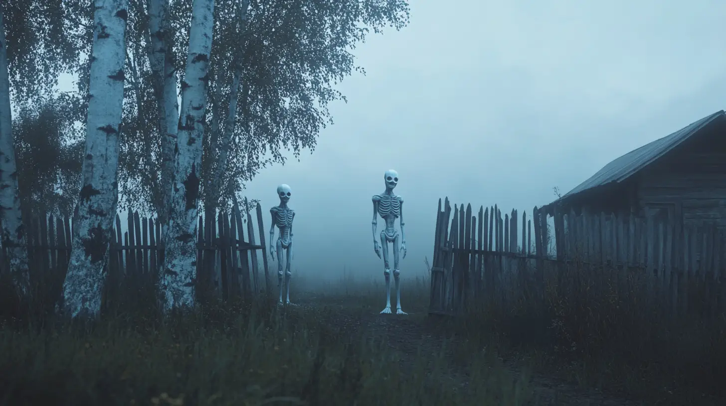 Serene Aliens In Misty Russian Countryside At Dawn
