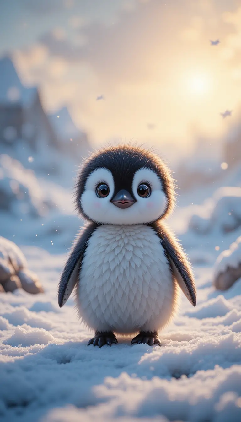 Cute baby penguin in a dreamy snowy landscape