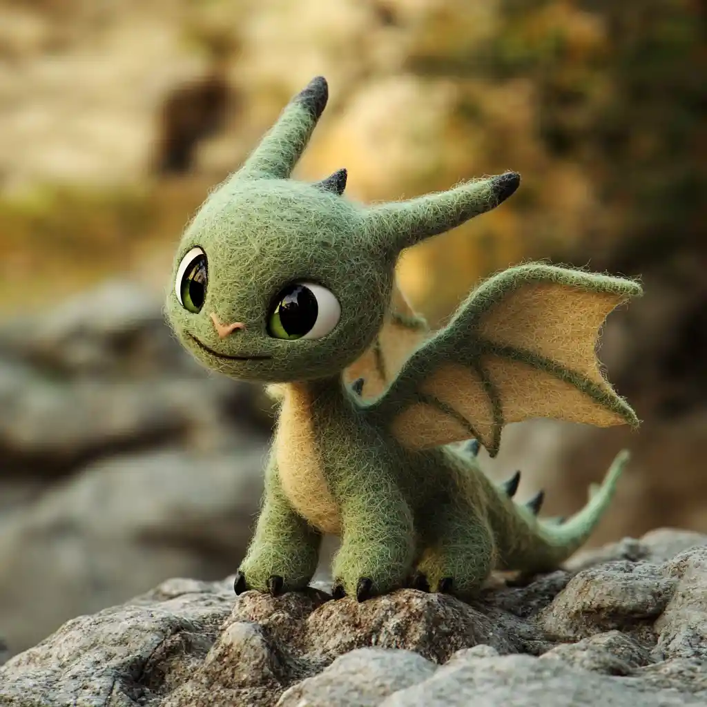 Cute baby felt dragon playing on rocky ground