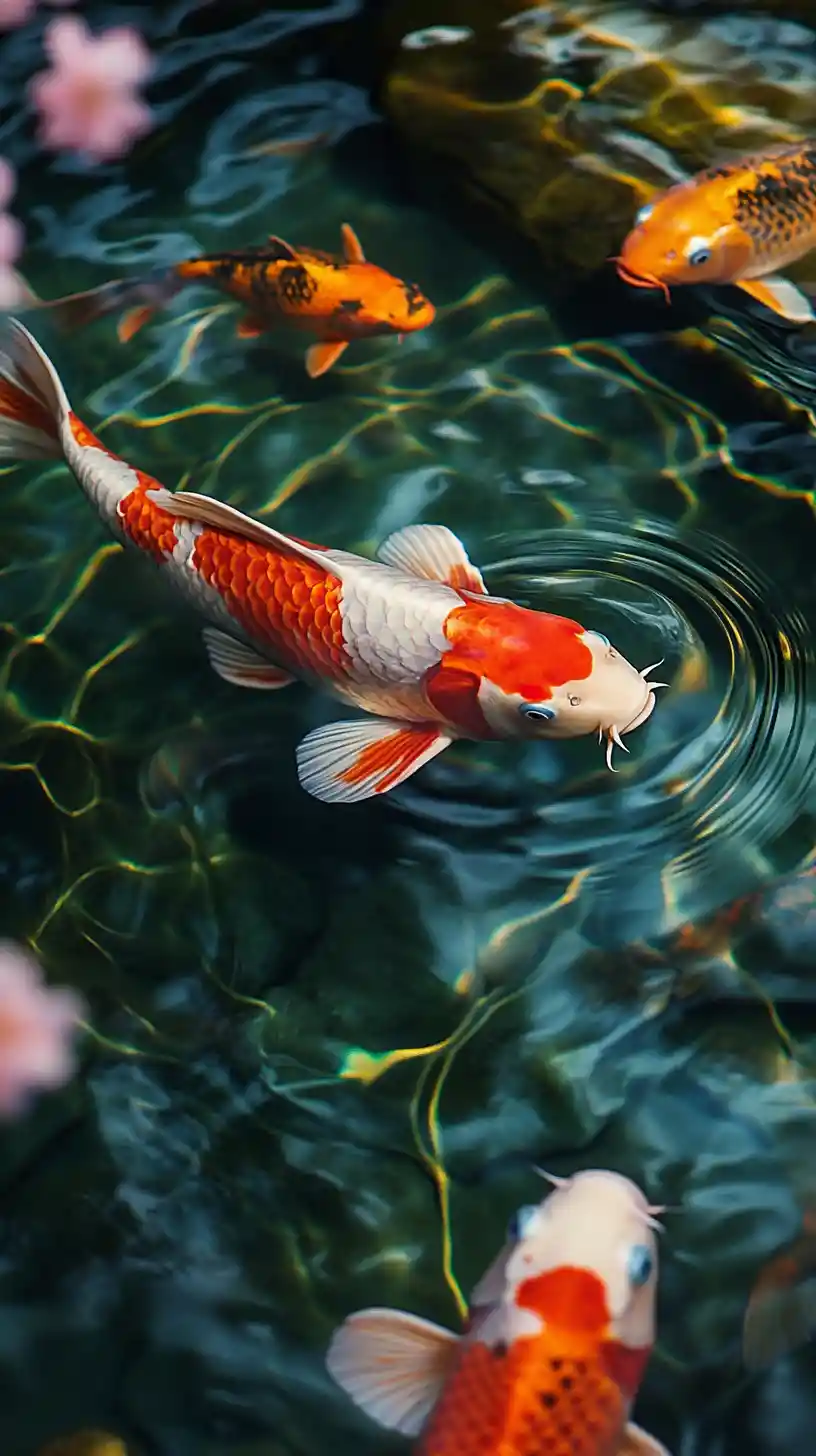 Lago de carpas tranquilo em animação de jardim zen japonês