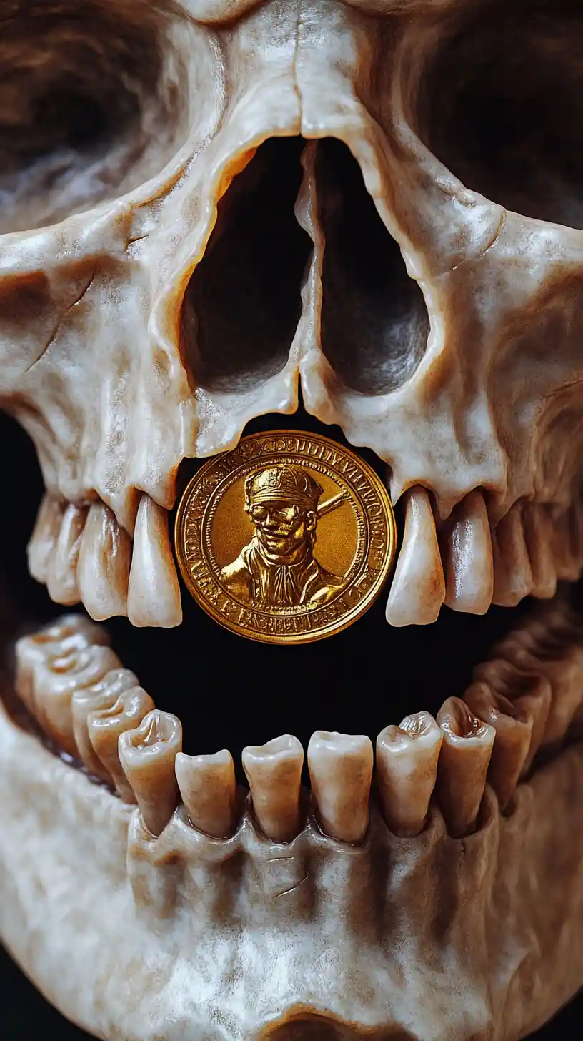 Gold coin resting inside a detailed pirate skull