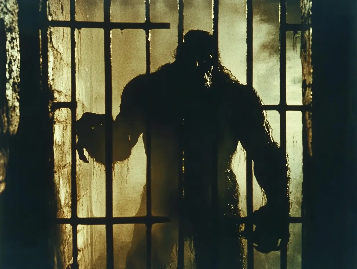 Grainy Vintage Dungeon Scene With Caged Shadowy Monster