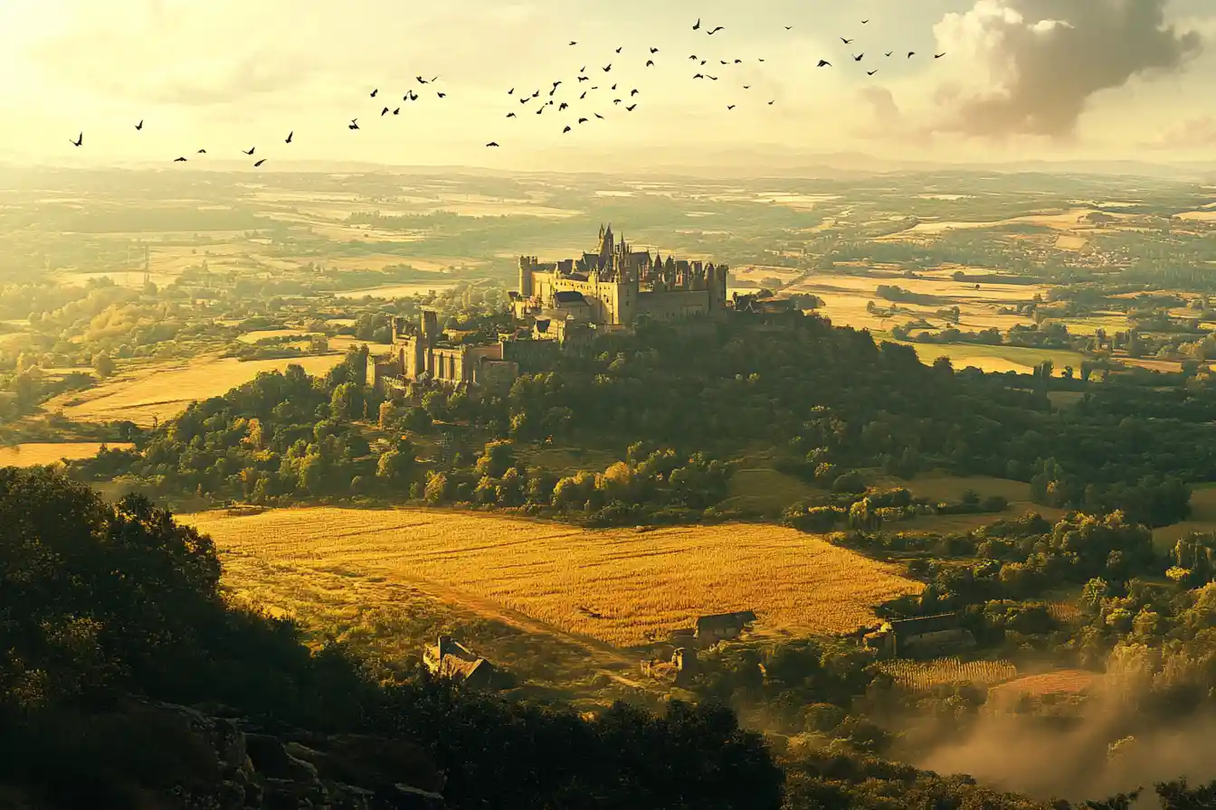 Epic Aerial View Of A Gothic Castle Above Wheat Fields