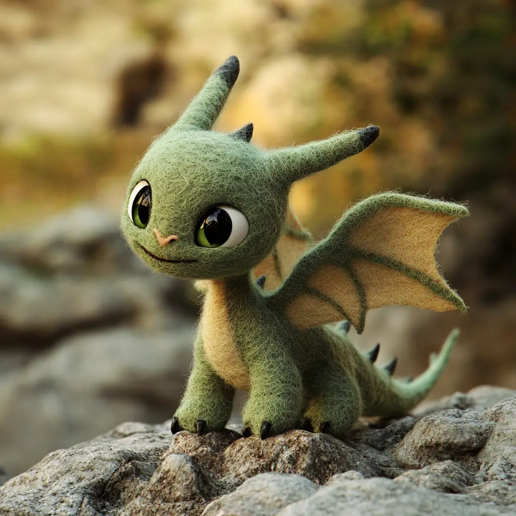 Cute baby felt dragon playing on rocky ground