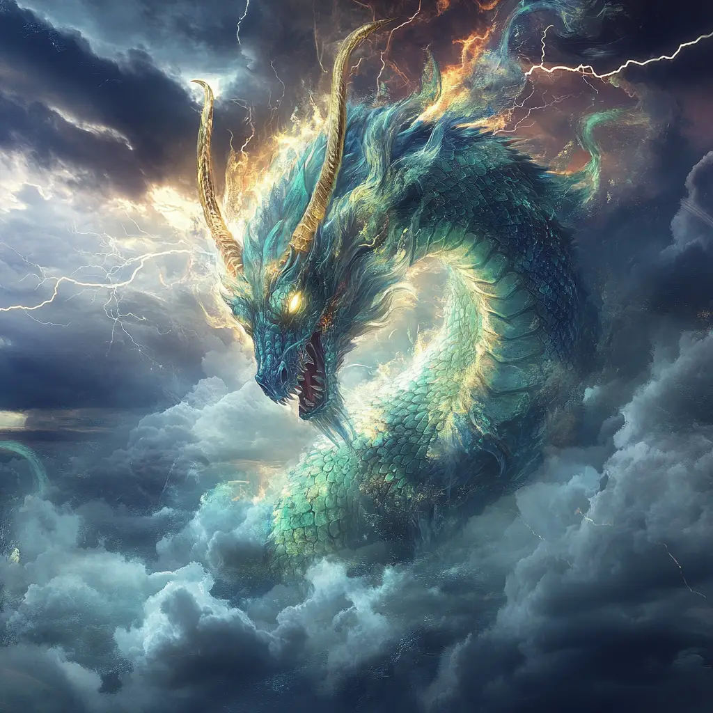 Majestic storm dragon rising above a turbulent lightning sky