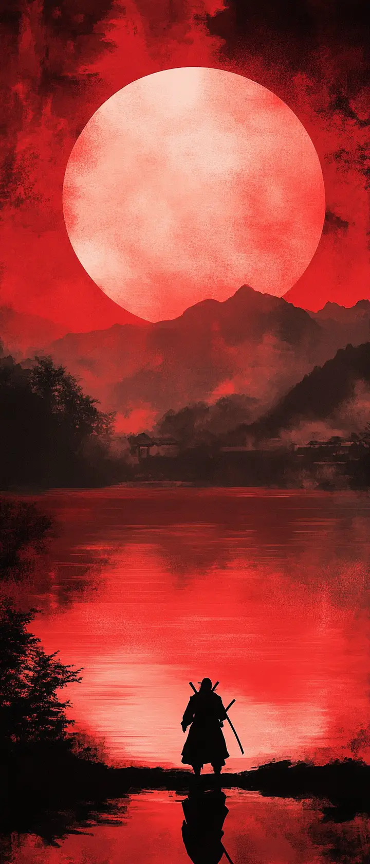 Surreal ninja silhouette by a calm reflective mountain lake