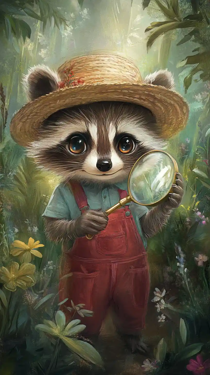 Cute raccoon detective in a cozy forest scene
