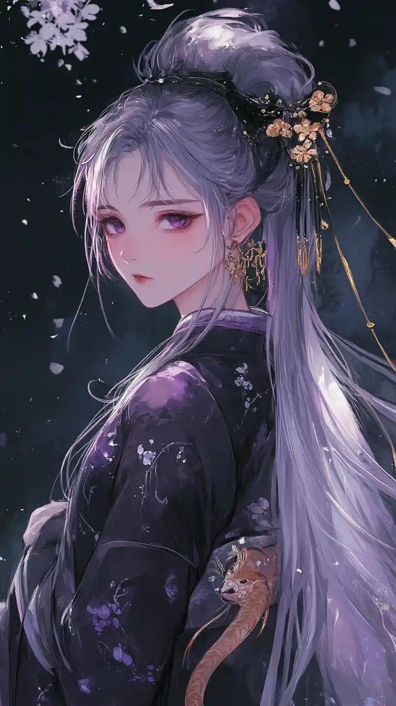 Scarred Anime Girl In Black And Purple Chinese Dress