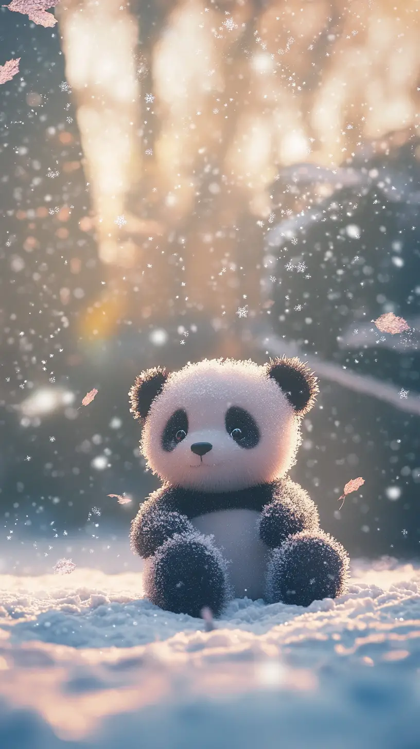 Panda Teddy Bear In A Quiet Snowy Backyard
