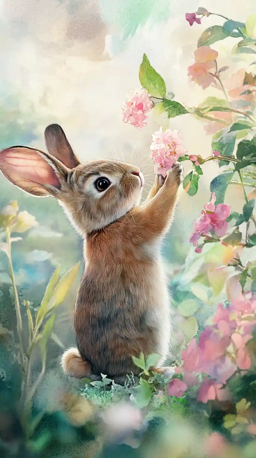 Curious rabbit reaching for soft pink spring blossoms