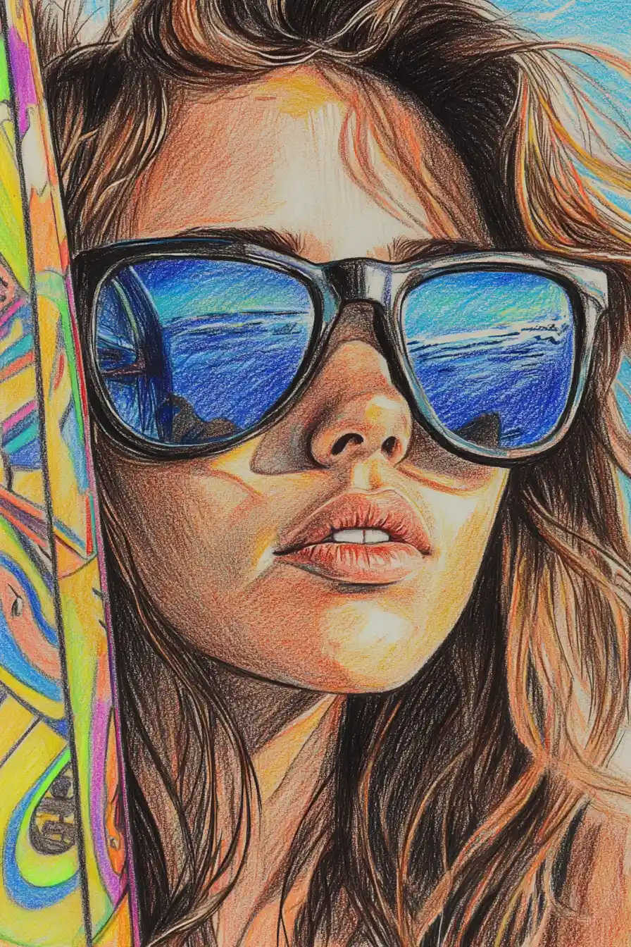 Chica besada por el sol con gafas de sol retrato a lápices de colores
