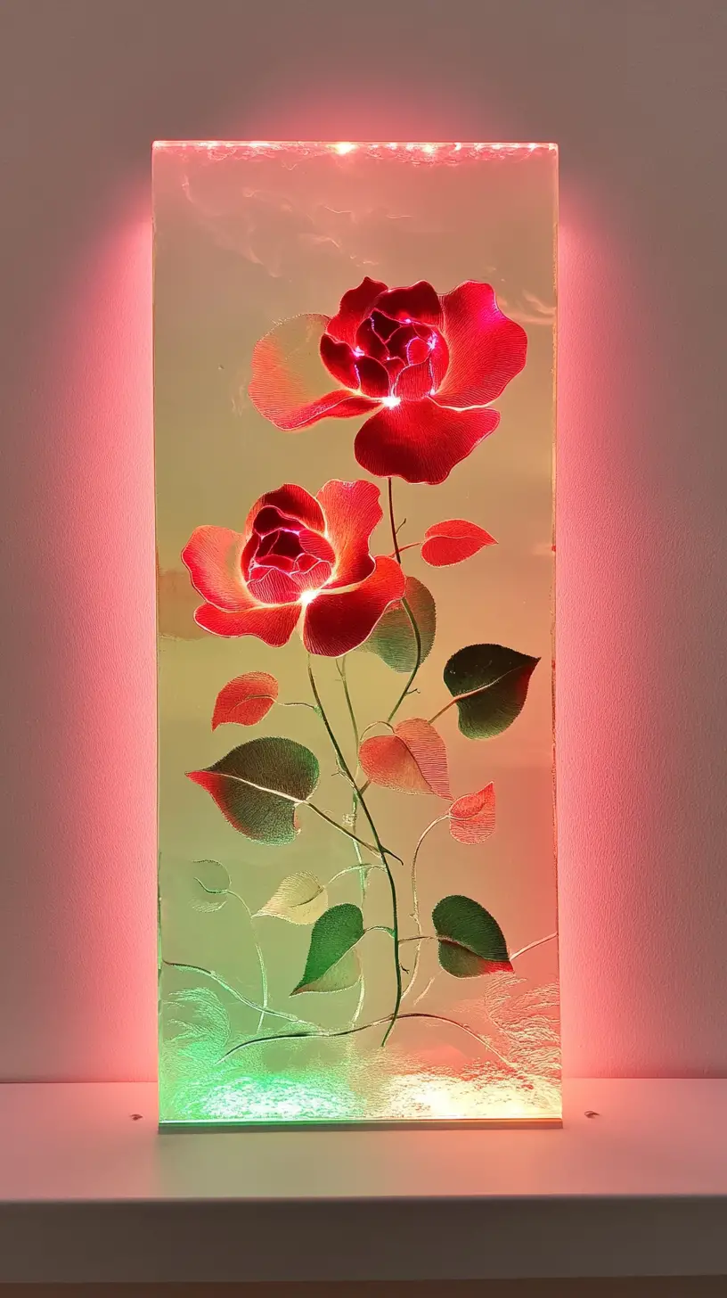 Glowing etched rose glass art on white shelf