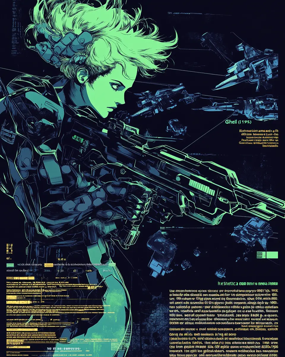 Anime sci fi woman with rifle on desolate alien battlefield