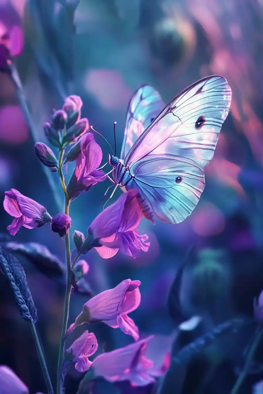 Farfalla colorata su fiore viola in un giardino fantasy luminoso