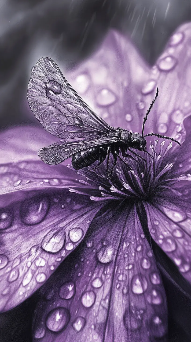 Surreal macro insect on flower petal in the rain