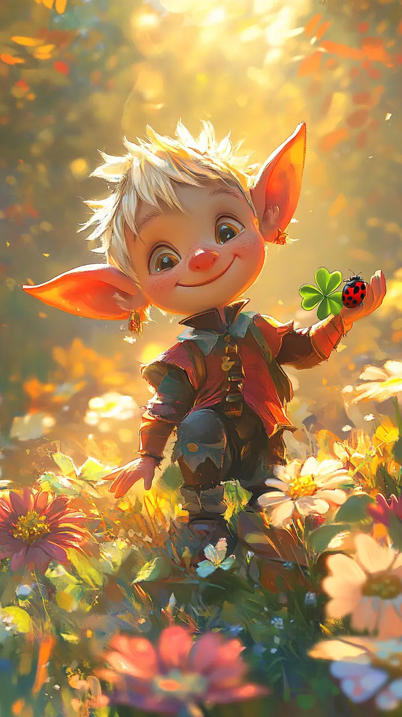 Dreamy chibi elf offering a four leaf clover