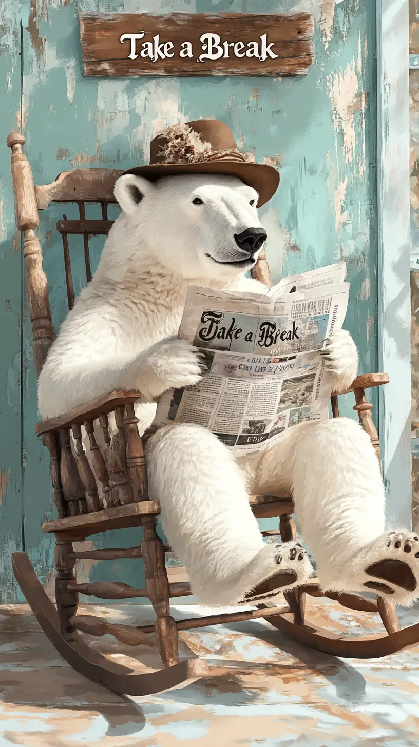 Polar bear reading newspaper on a cozy patio rocking chair