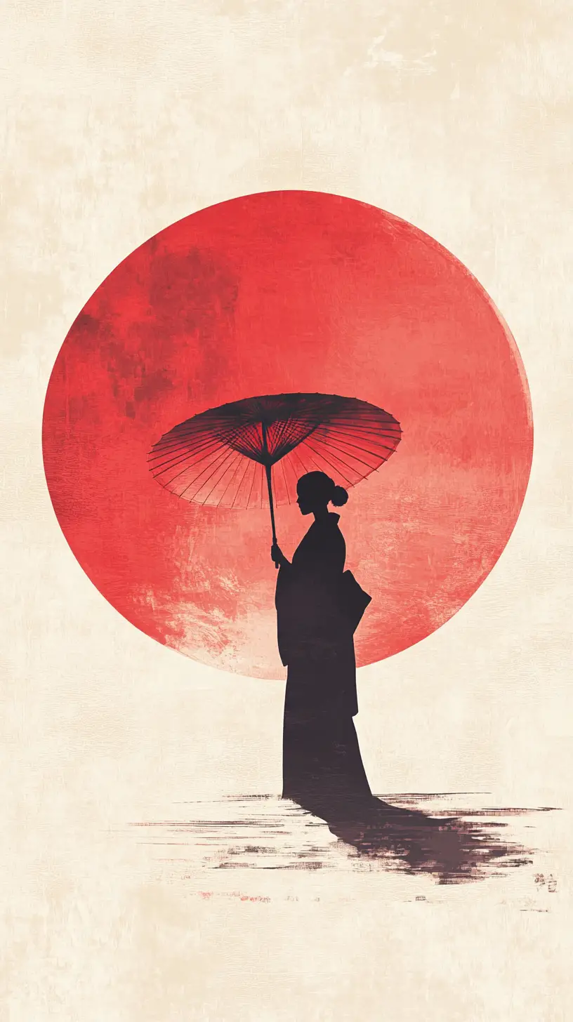 Minimalist woman in kimono with red umbrella silhouette