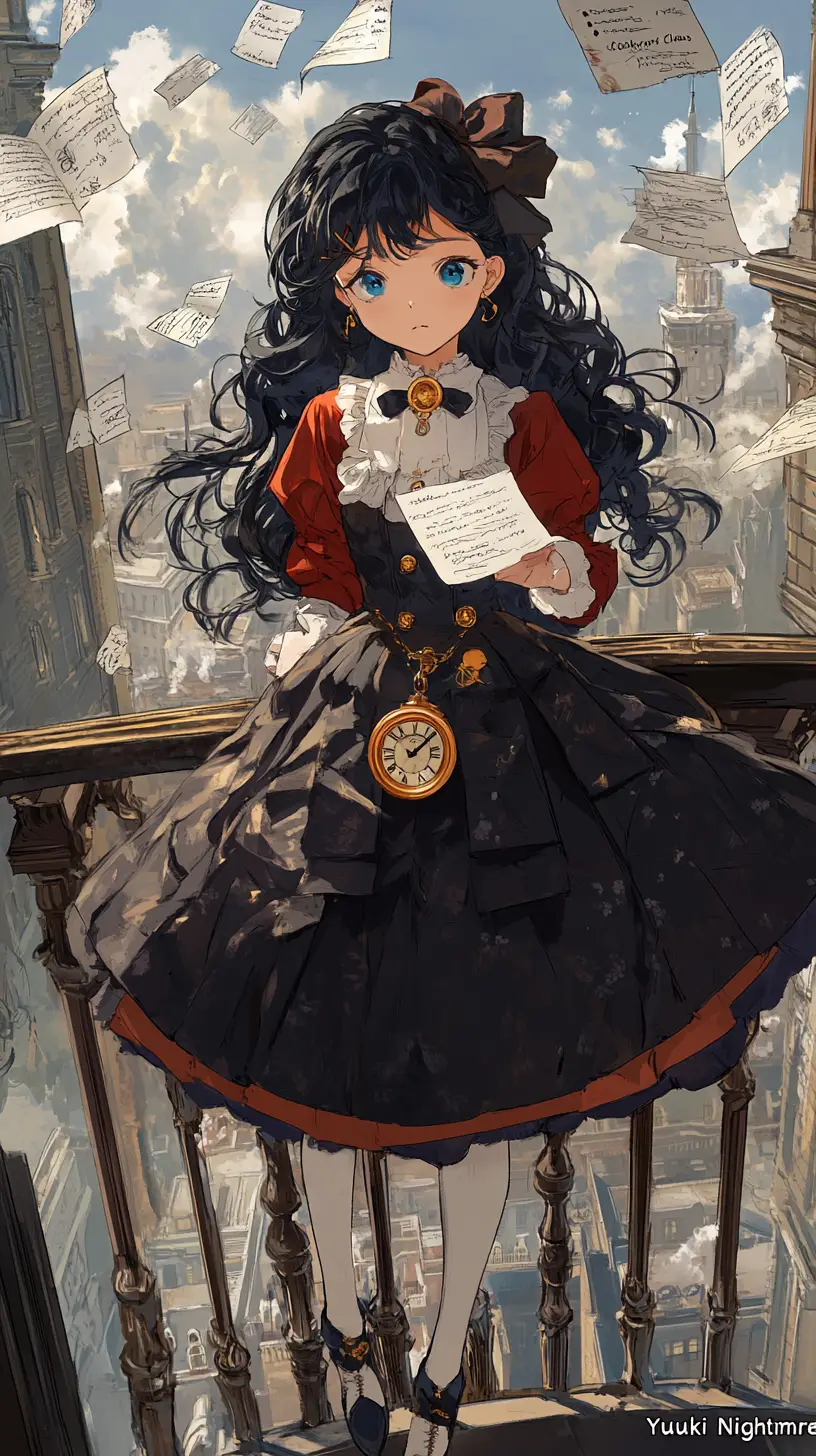 Victorian clock tower girl with flying papers