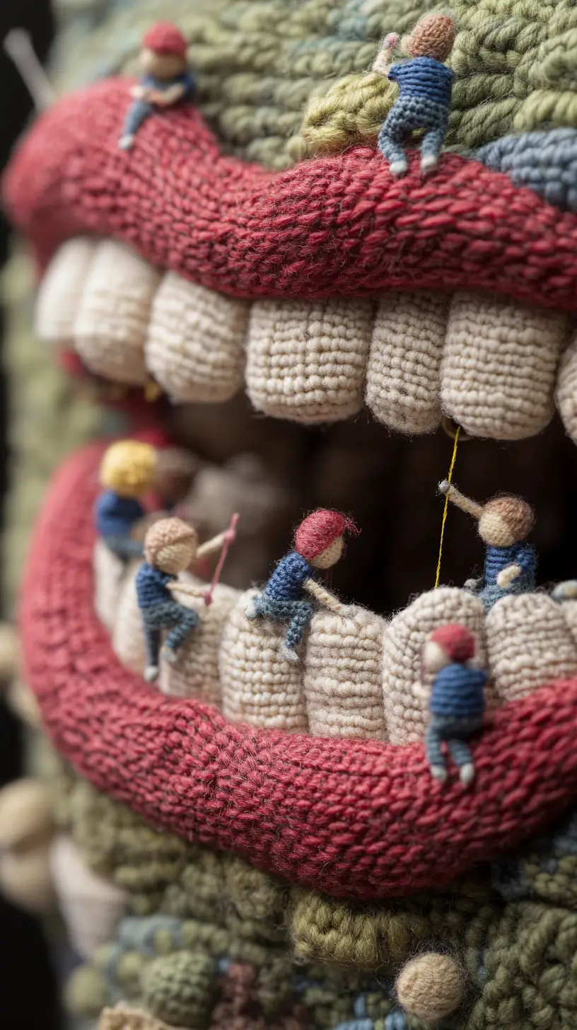 Macro view of a whimsical yarn smile sculpture