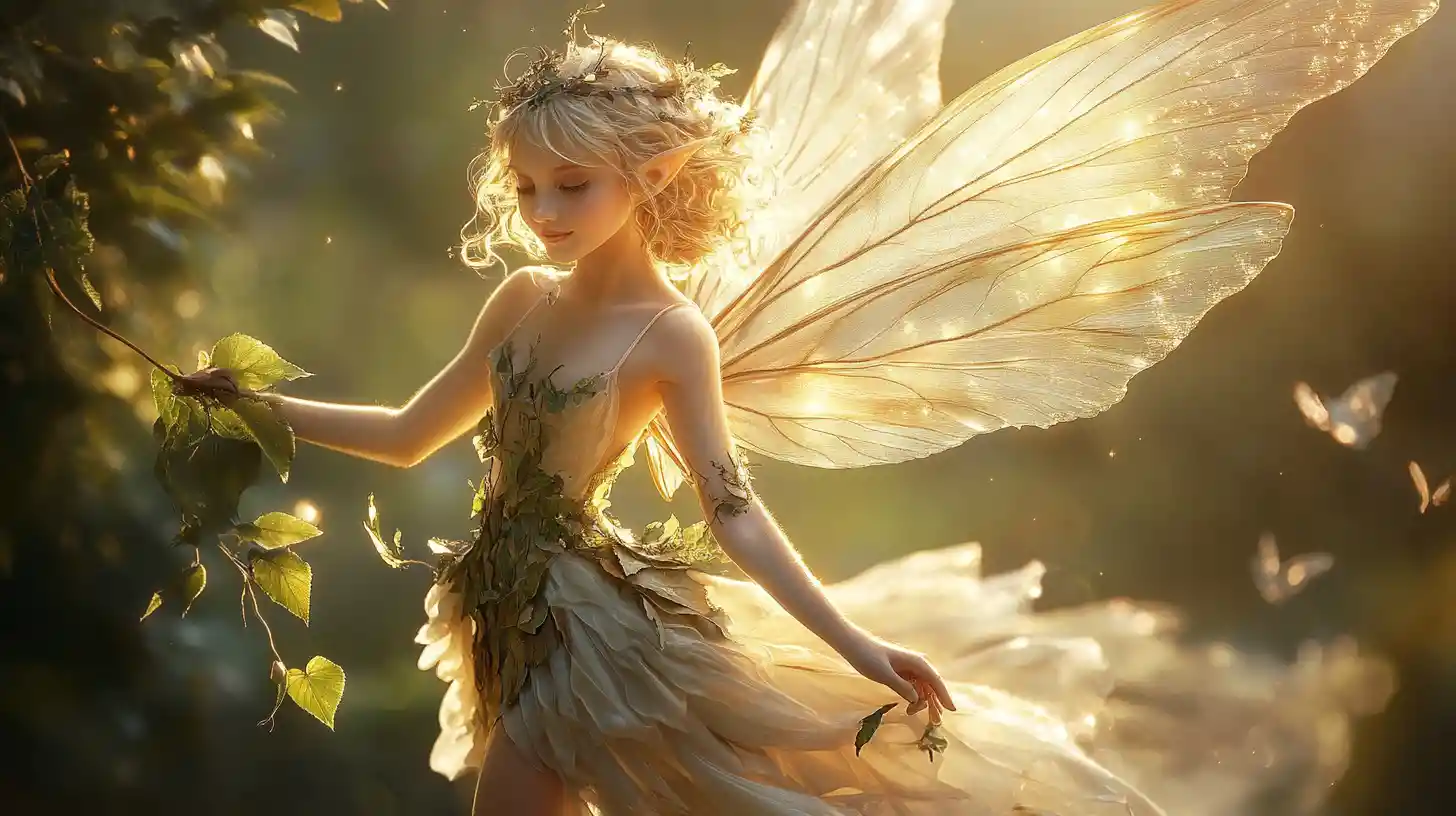 Smiling leaf dressed fairy girl flying in the sky