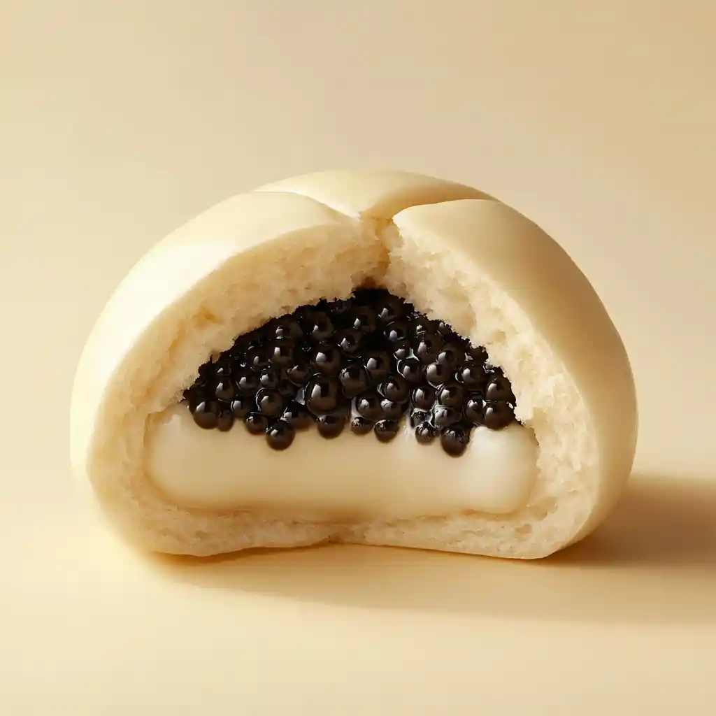Soft steamed bun filled with milk tea cream and pearls