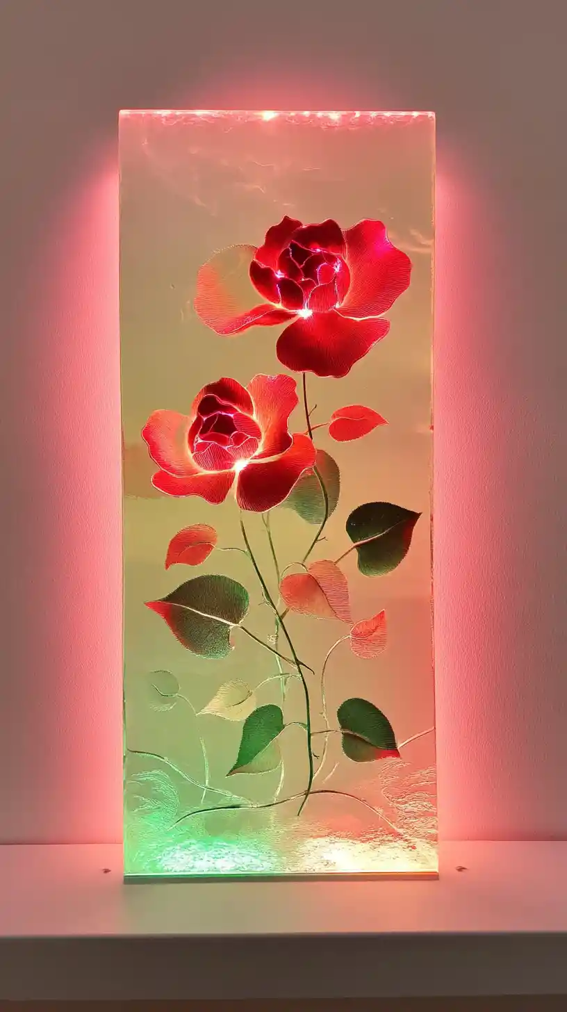 Leuchtende gravierte Rosen-Glaskunst auf weißem Regal