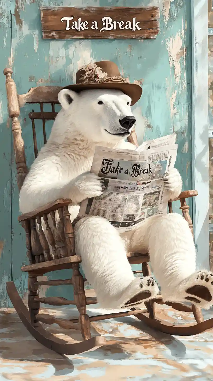 Orso polare che legge il giornale su una comoda sedia a dondolo in veranda