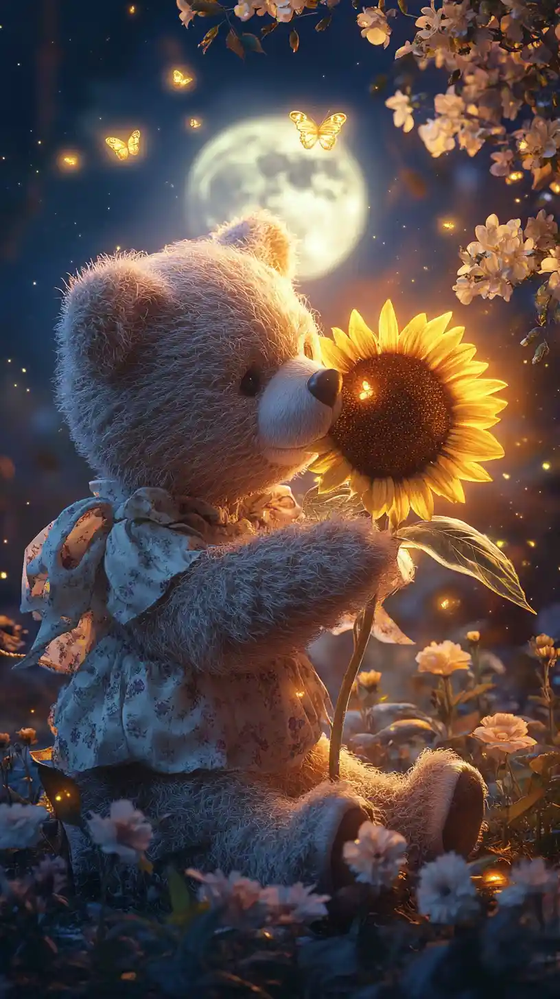 Teddy bear with glowing sunflower under moonlit fantasy tree