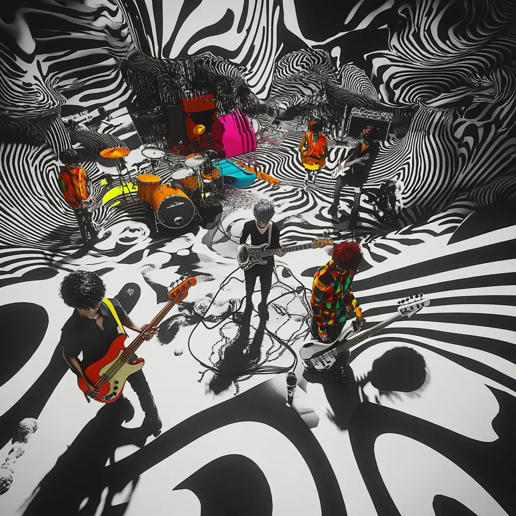 Colorful anime band above surreal monochrome abstract world
