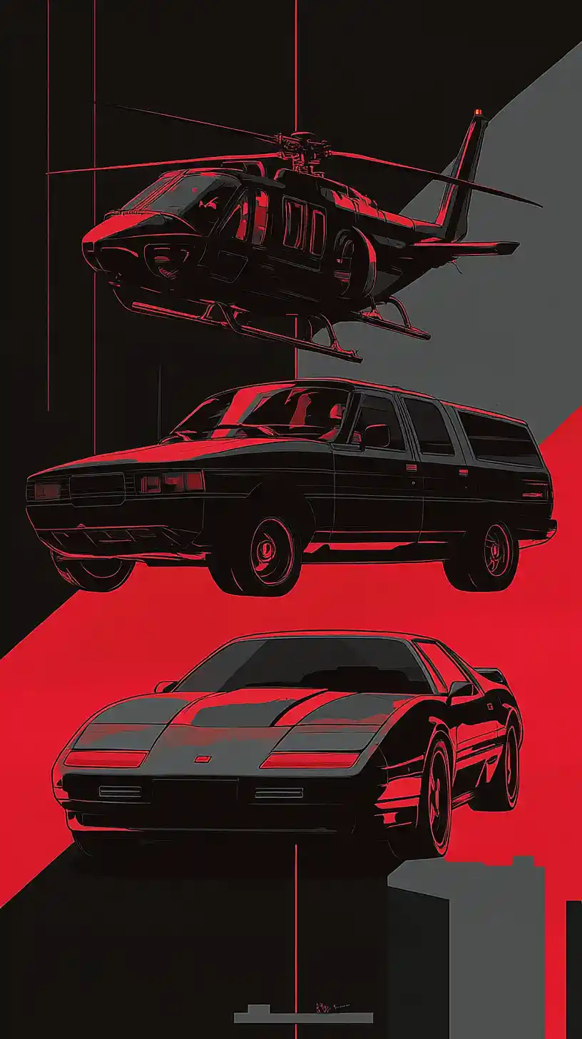 Póster serigráfico de coche negro elegante con atrevidos detalles en rojo