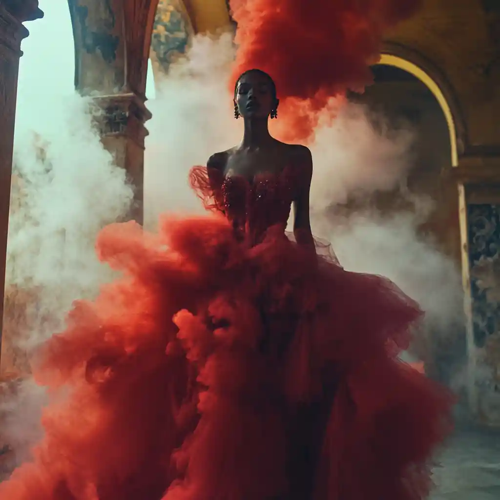 Dreamy couture portrait of a woman in red chiffon