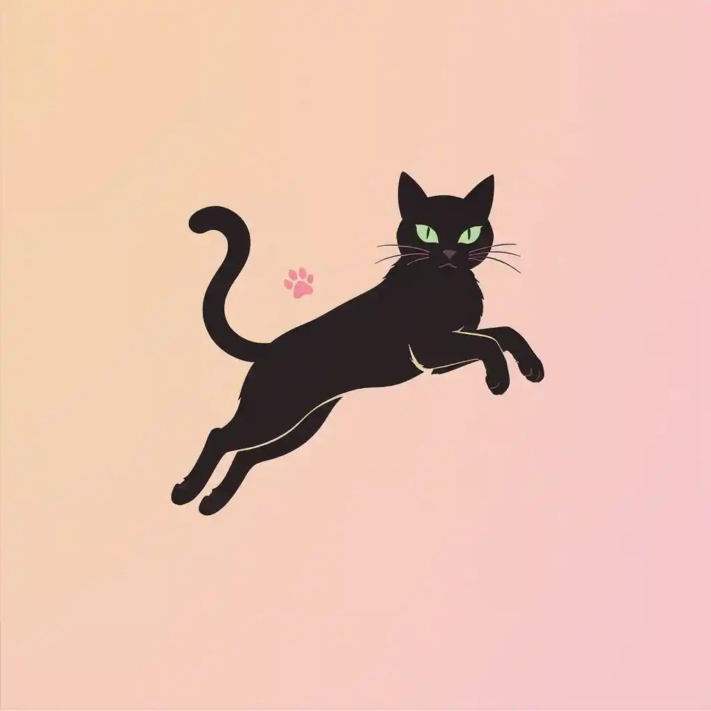 Jumping cat logo with emerald green eyes on gradient
