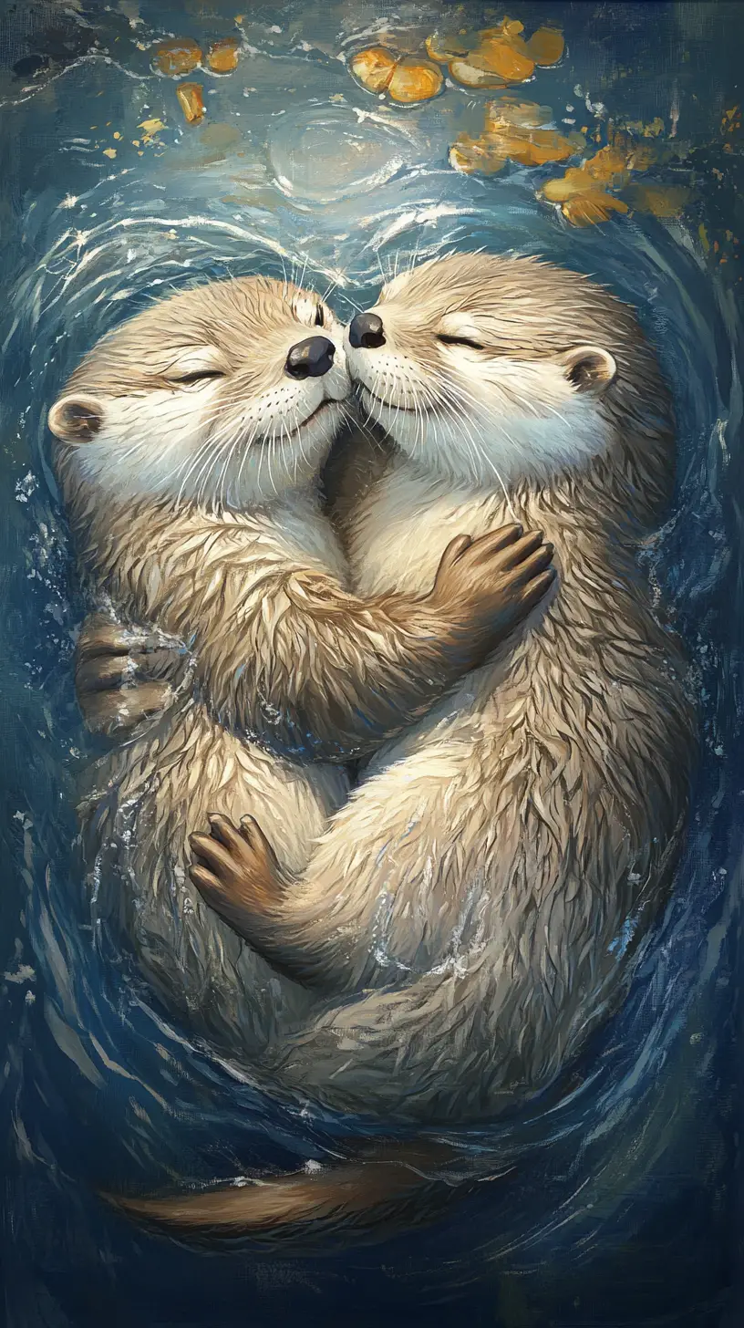 Two otters in a tender heart shaped embrace illustration