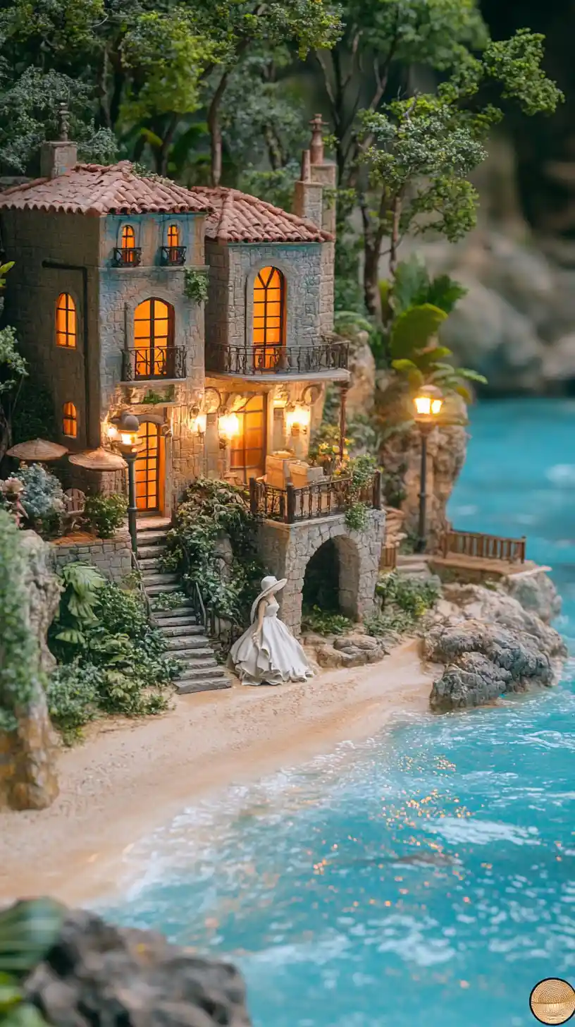 Serene Coastal Villa Diorama With Woman By The Sea