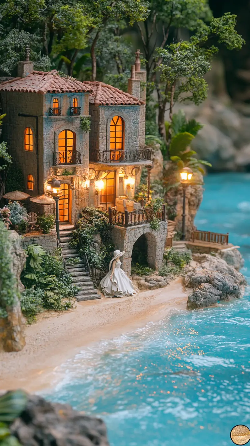 Serene Coastal Villa Diorama With Woman By The Sea