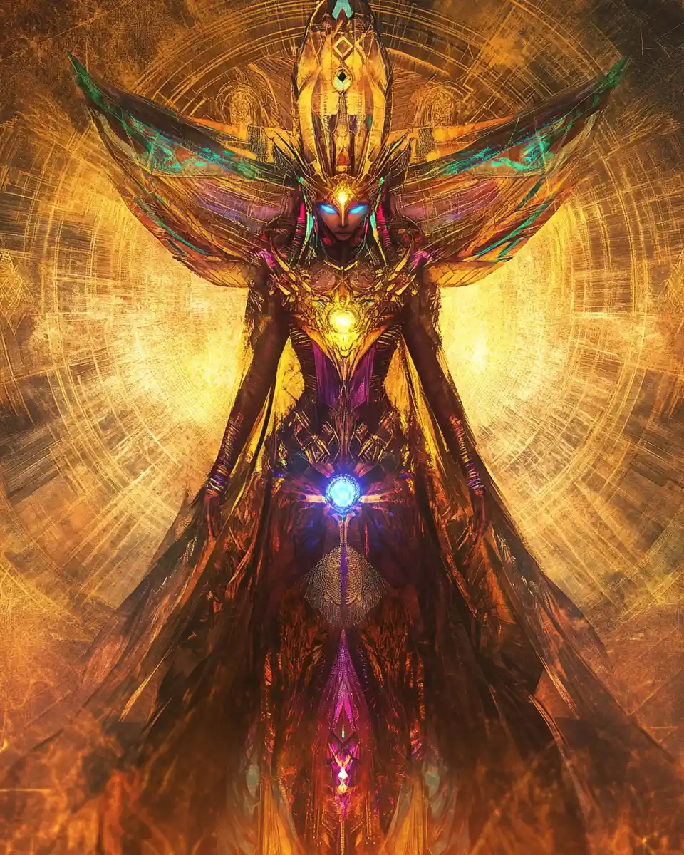 Mystical warrior queen in glowing armor amid shadows