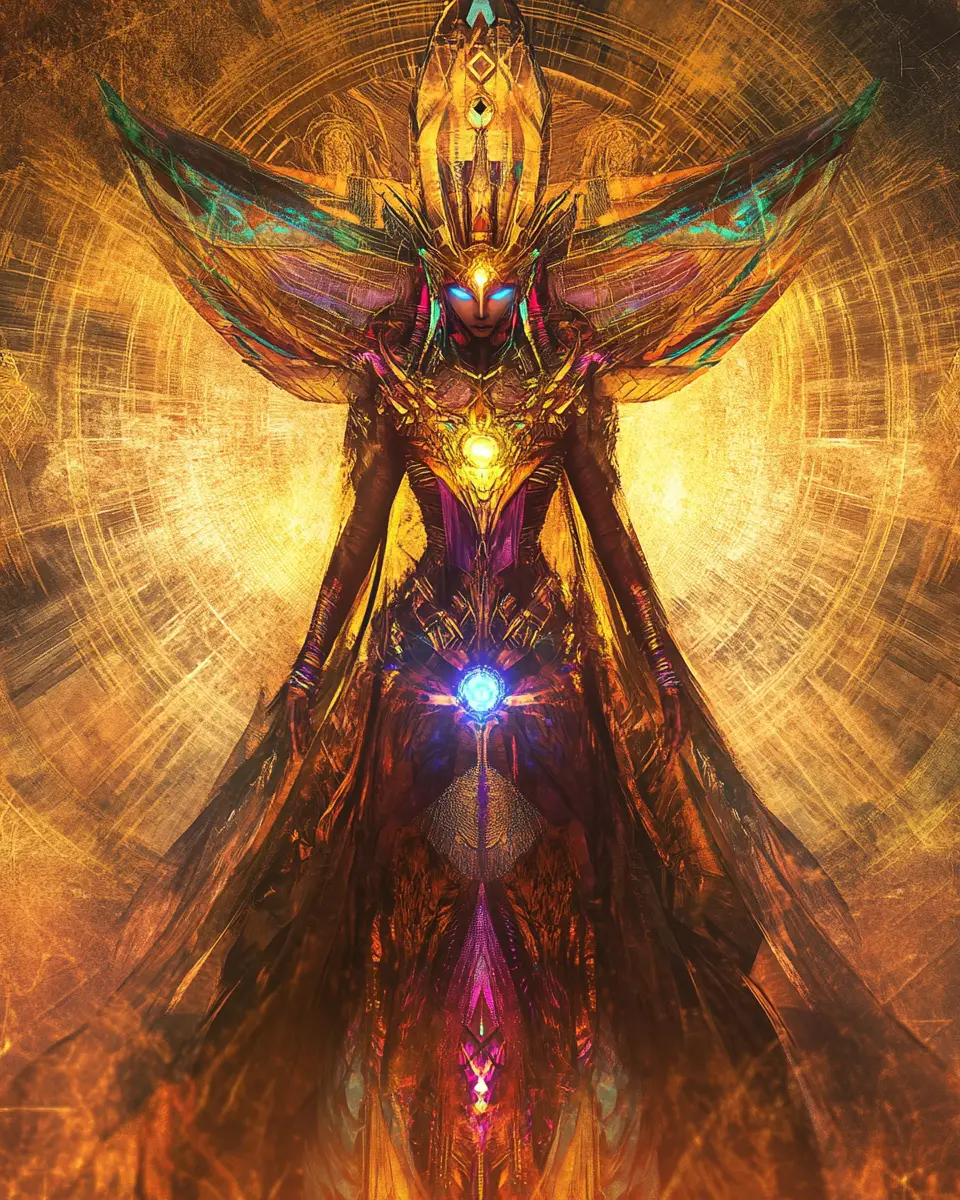 Mystical warrior queen in glowing armor amid shadows