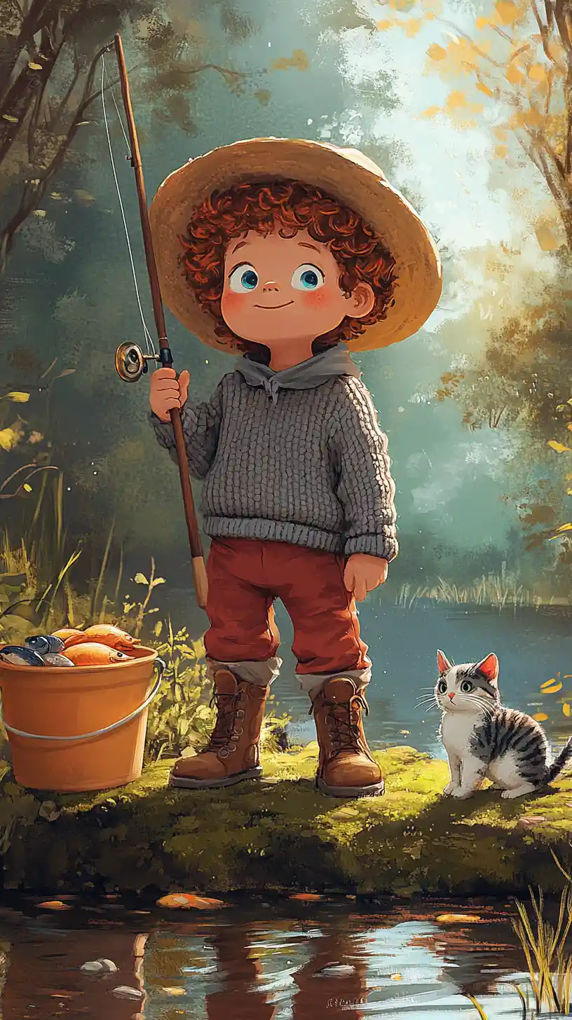 Little boy fishing by a quiet pond with his cat
