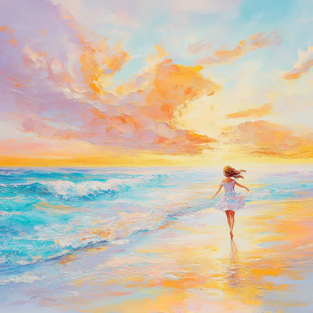 Woman running along a sunrise beach with glowing water