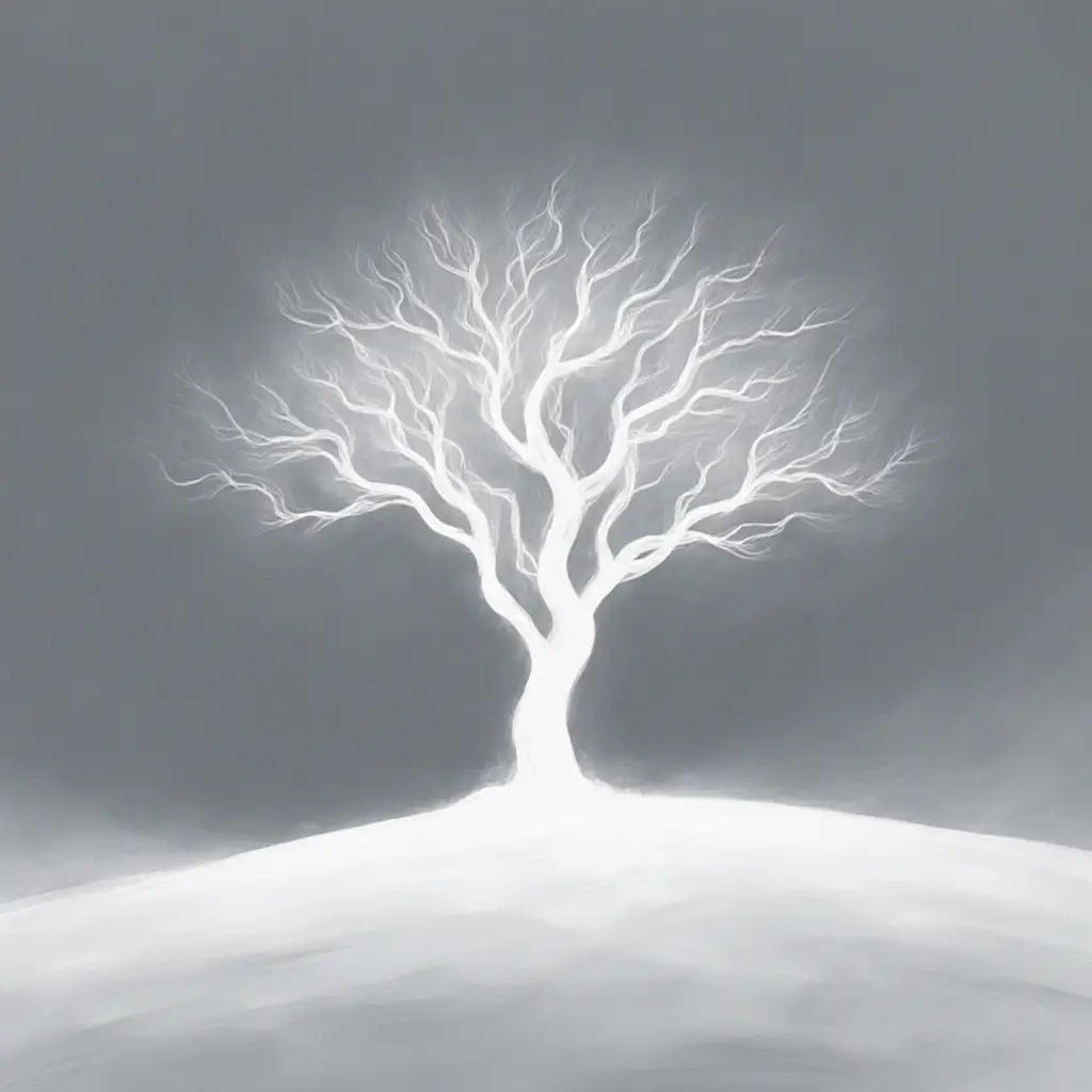 Luminous white tree silhouette in a minimal desert scene