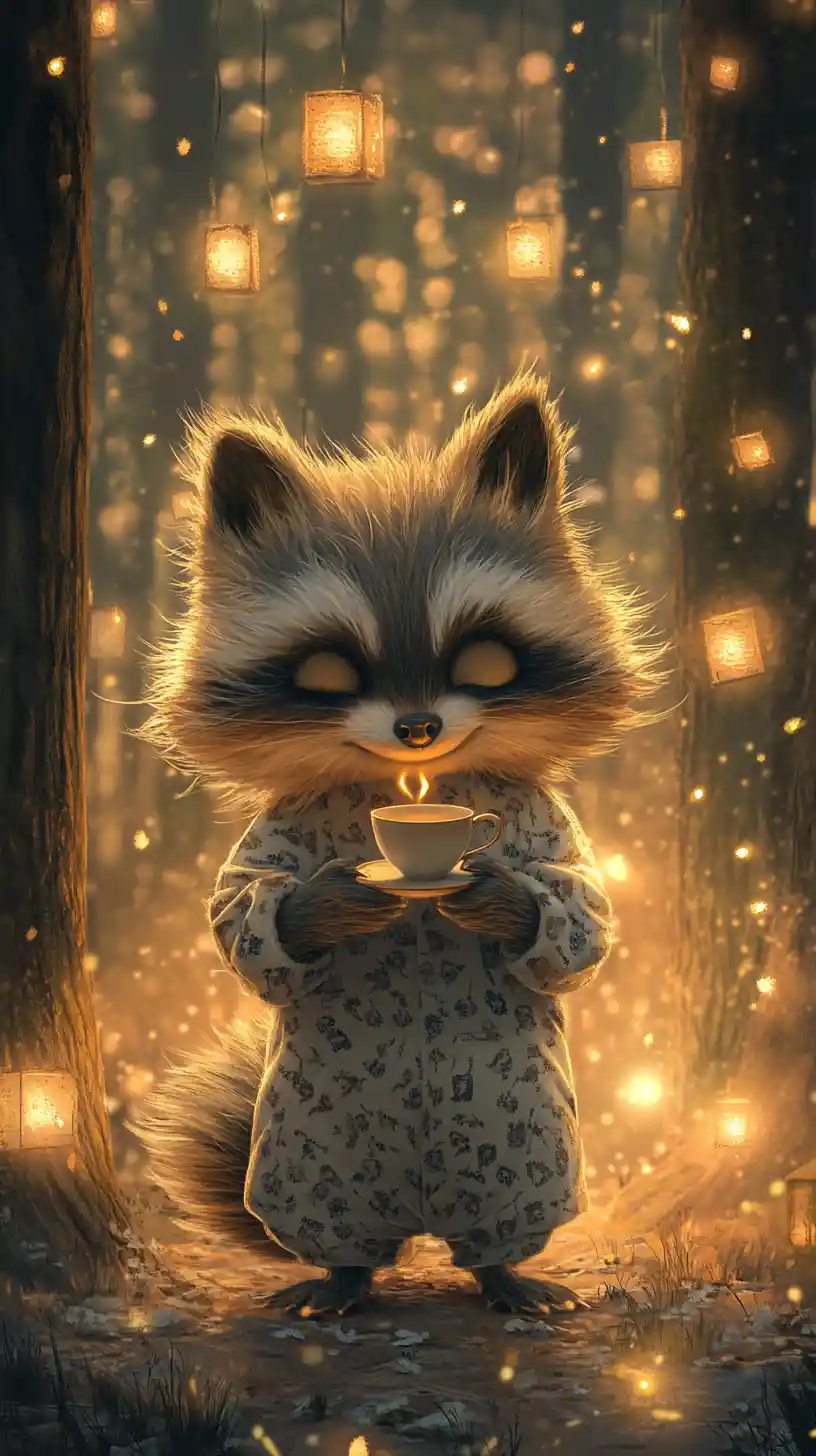 Sleepy raccoon in pajamas sipping tea in magic forest