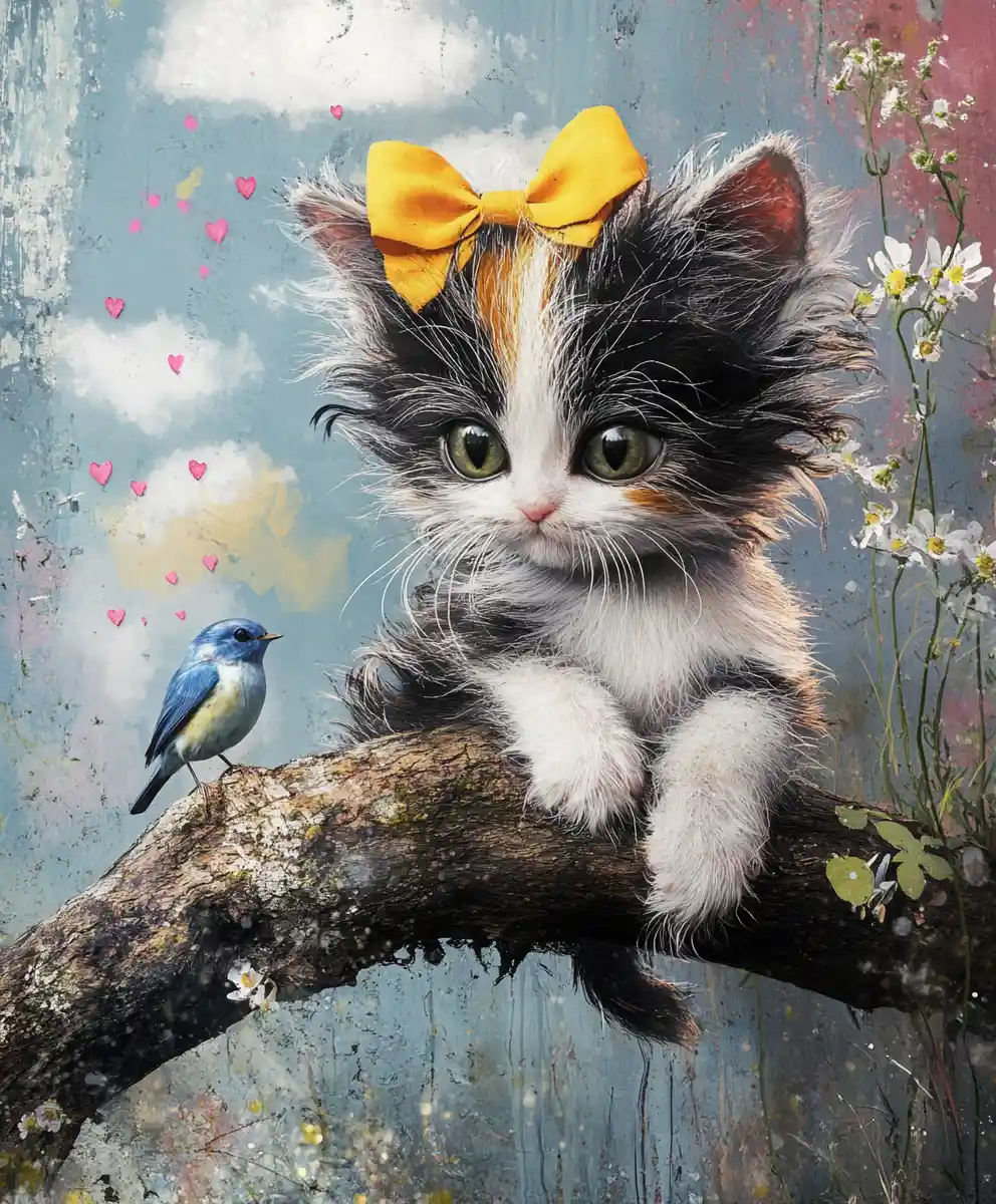Gattino soffice e fiabesco con uccellino azzurro su un albero fantasy